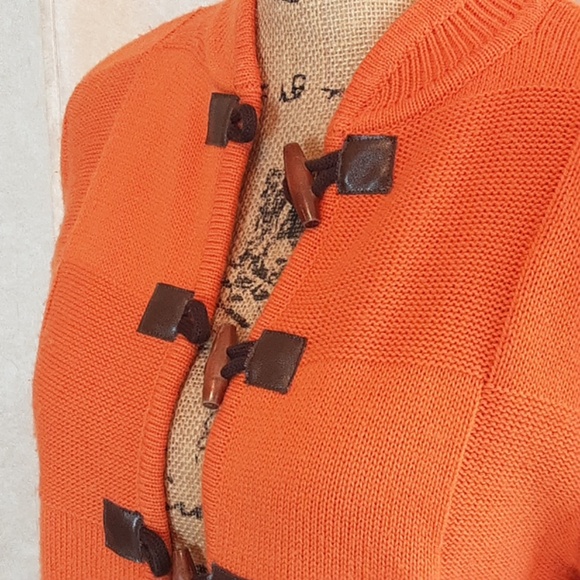 Pumpkin Orange Acrylic Button Cardigan Wood Leather Buttons Size S - Picture 4 of 10